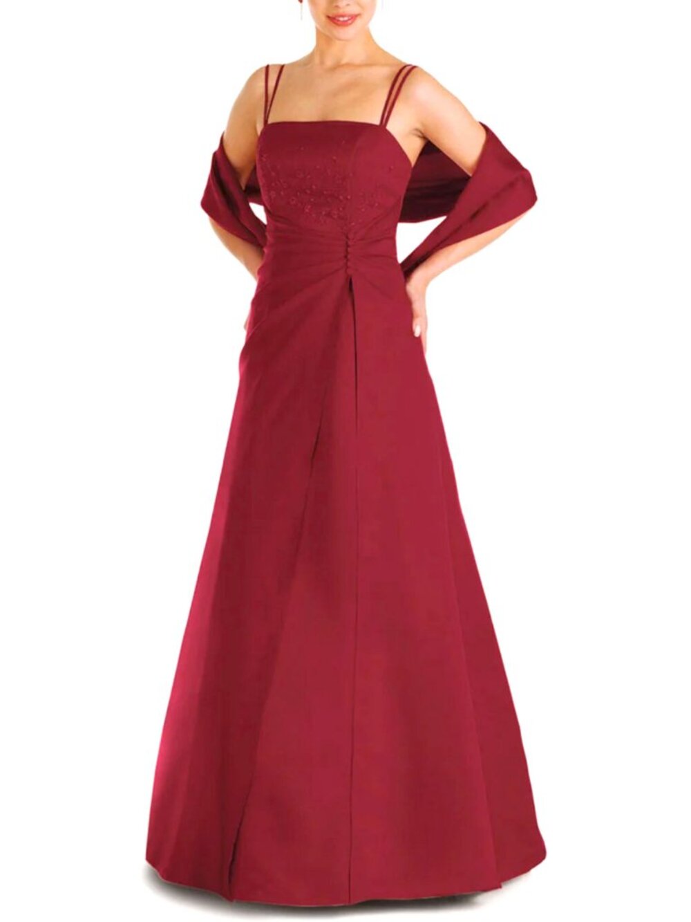 Alexia Designs Dark Red Matte Satin Beaded Evening Gown & Scarf Spaghett Straps